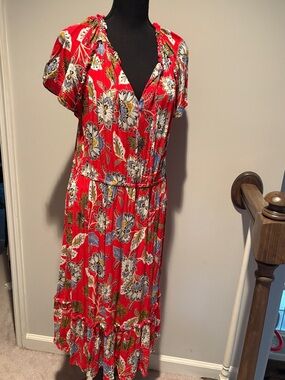 LOFT XL Red Floral V-Neck Tiered Midi Dress